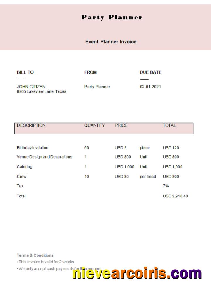 USA Party Planner invoice